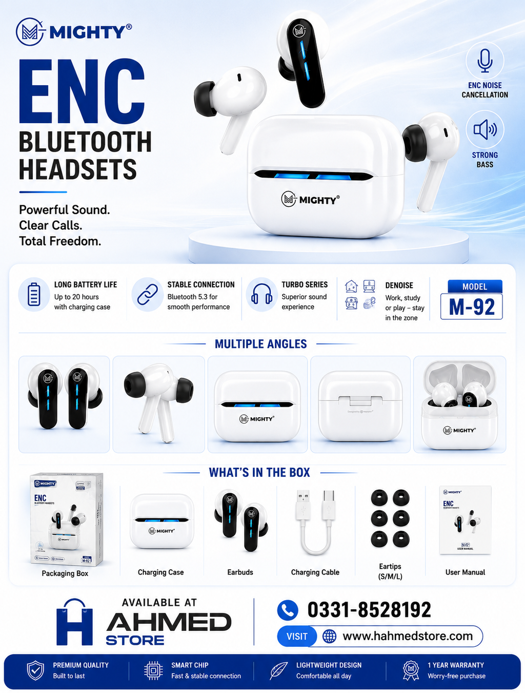 Mighty M-92 ENC Bluetooth Earbuds Wireless Headphones
