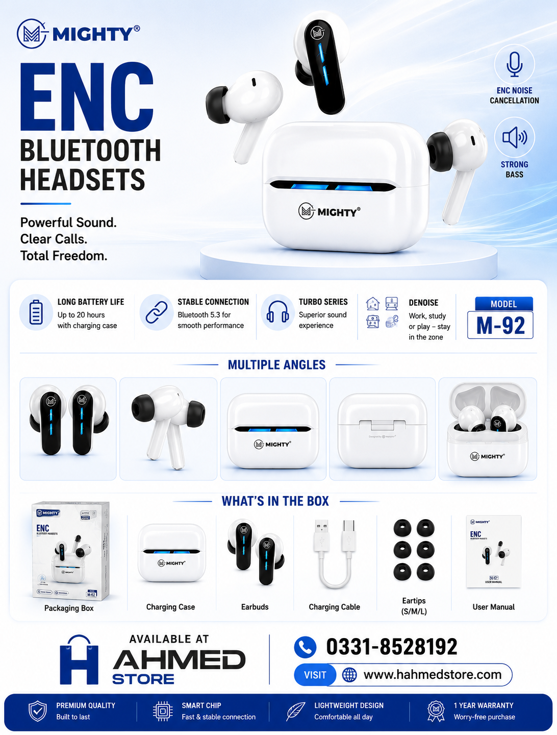Mighty M-92 ENC Bluetooth Earbuds Wireless Headphones