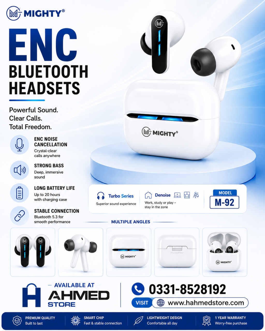 Mighty M-92 ENC Bluetooth Earbuds Wireless Headphones