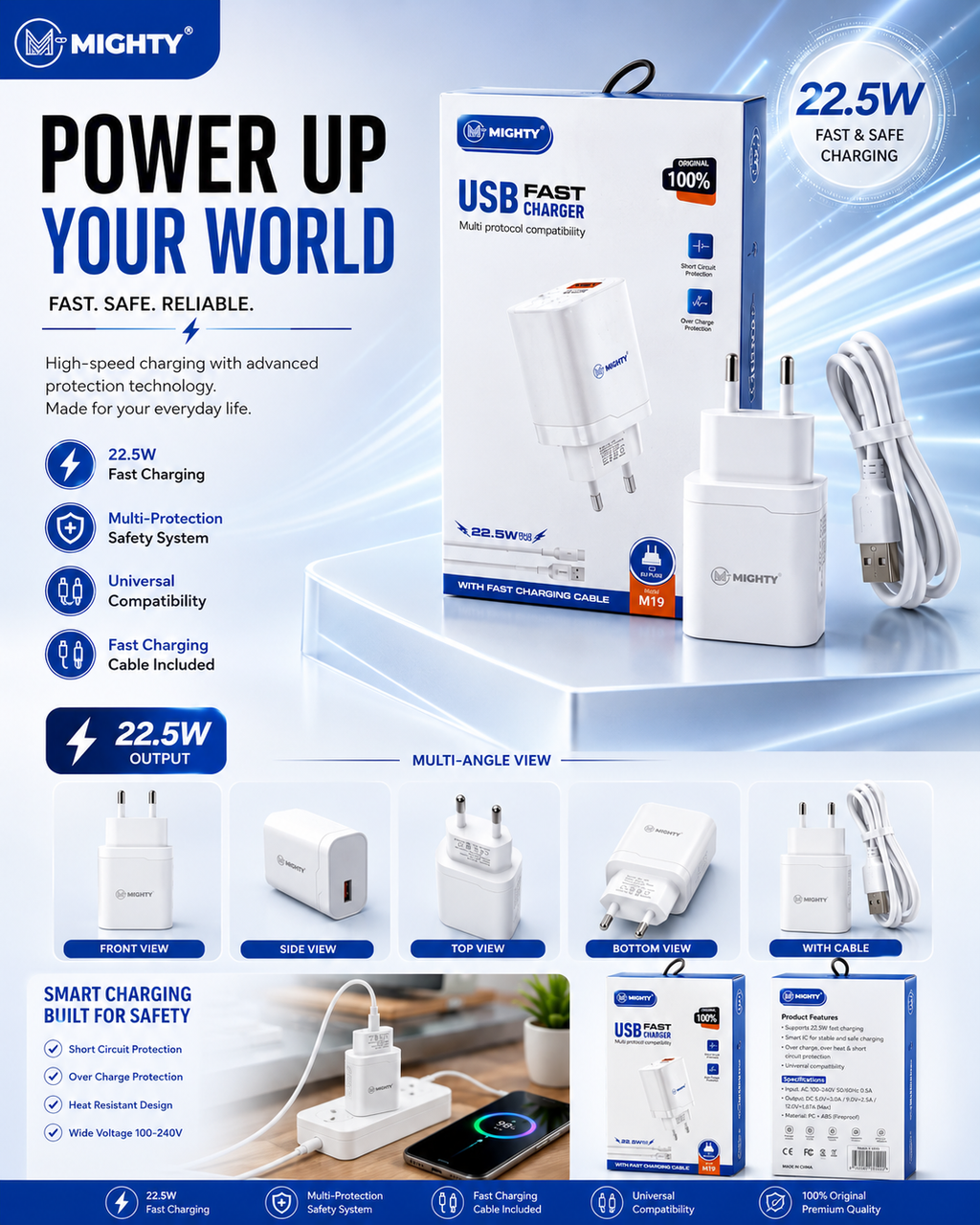 MIGHTY 22.5W USB Fast Charger with USB Cable – Model M19