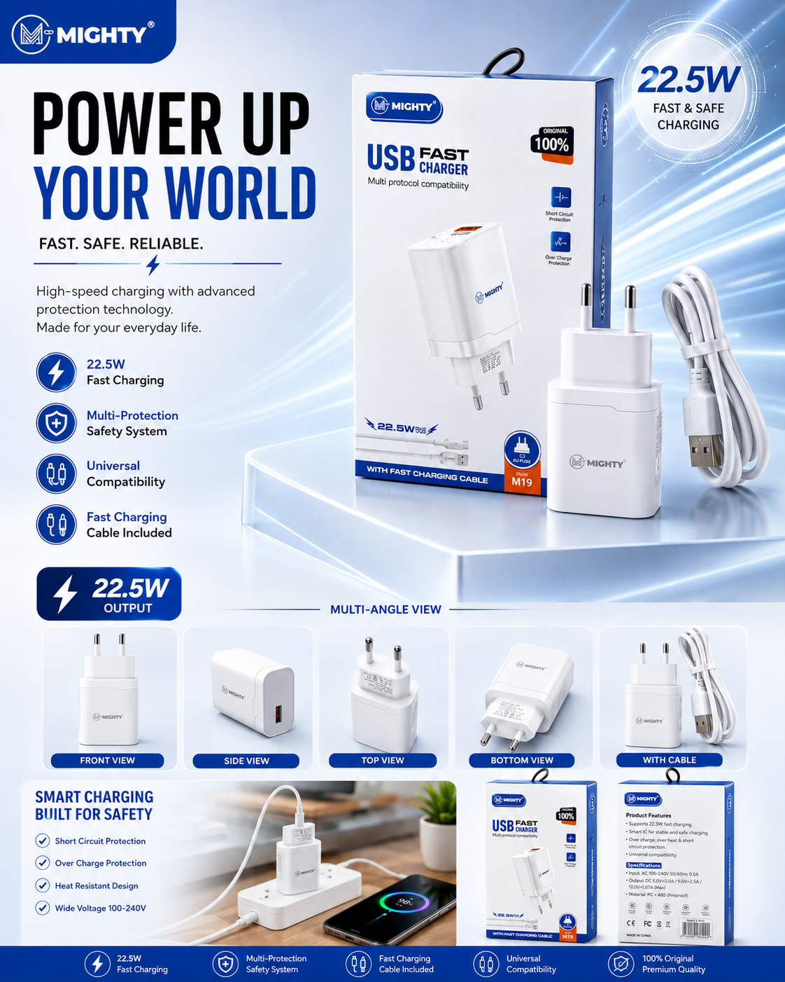 MIGHTY 22.5W USB Fast Charger with USB Cable – Model M19