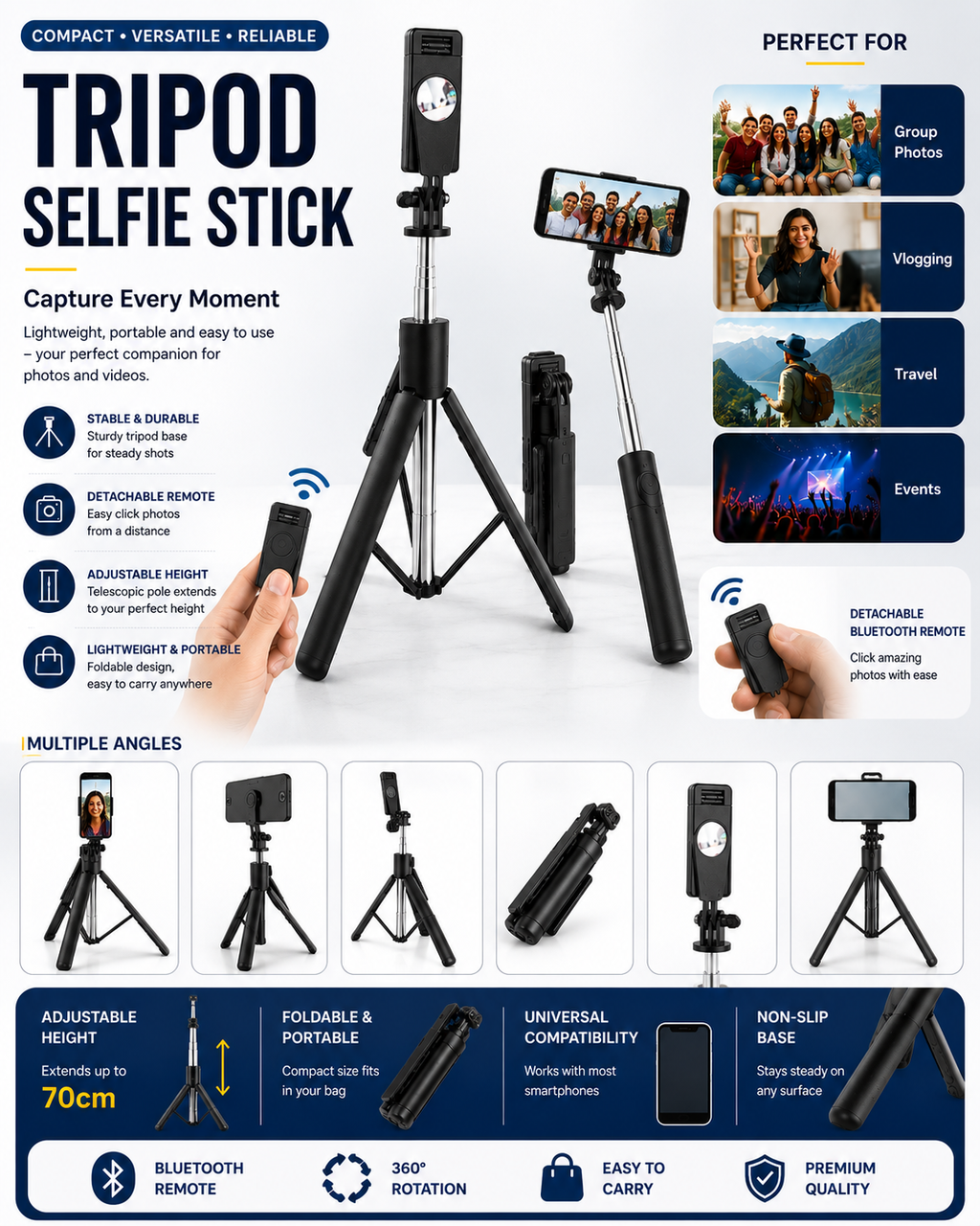 Tripod Selfie Stick with Detachable Remote