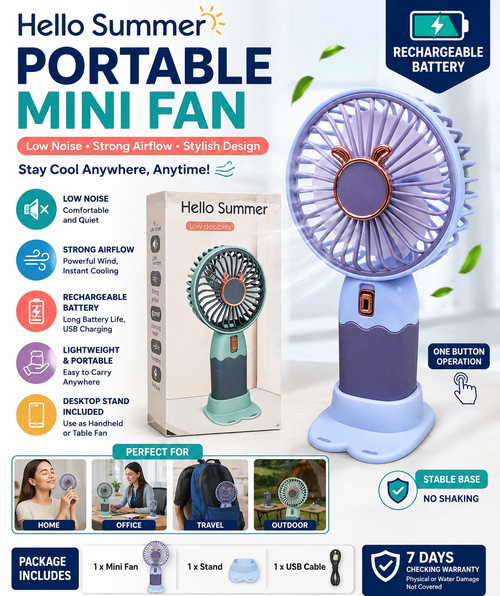 G.A Portable Rechargeable Handheld Mini Fan with Stand – Low Noise USB Cooling Fan