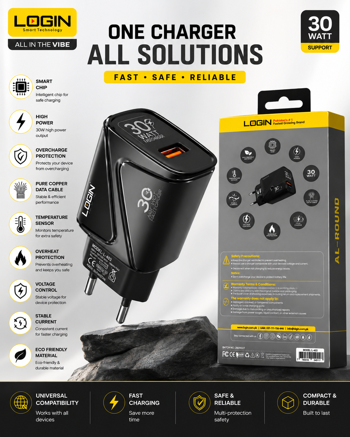 LOGIN AL-ROUND 30W Fast Charger – Smart Chip Fast Charging Adapter