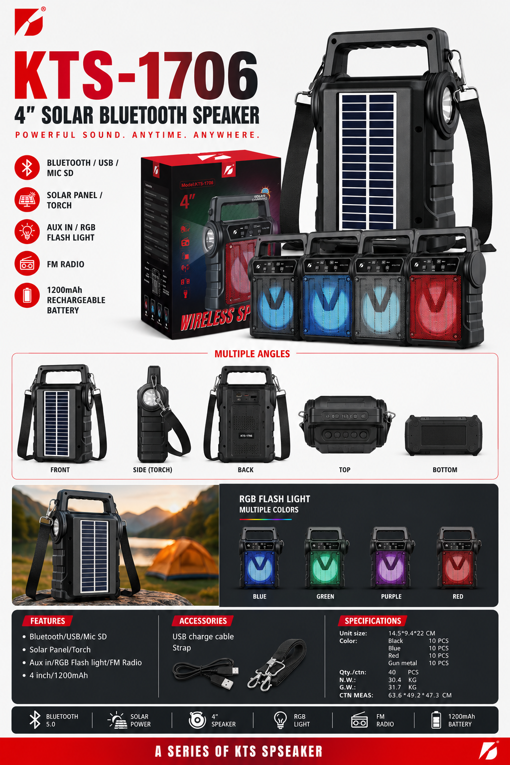KTS-1706 Portable Solar Bluetooth Speaker with Torch, FM Radio & USB/TF Card Support
