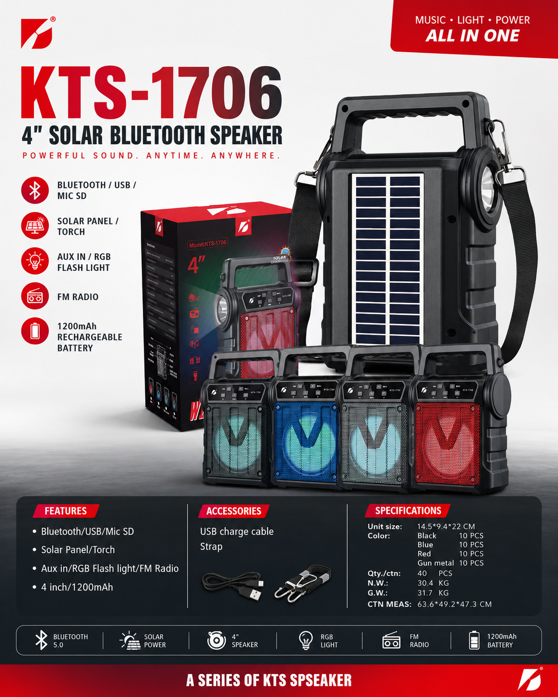 KTS-1706 Portable Solar Bluetooth Speaker with Torch, FM Radio & USB/TF Card Support