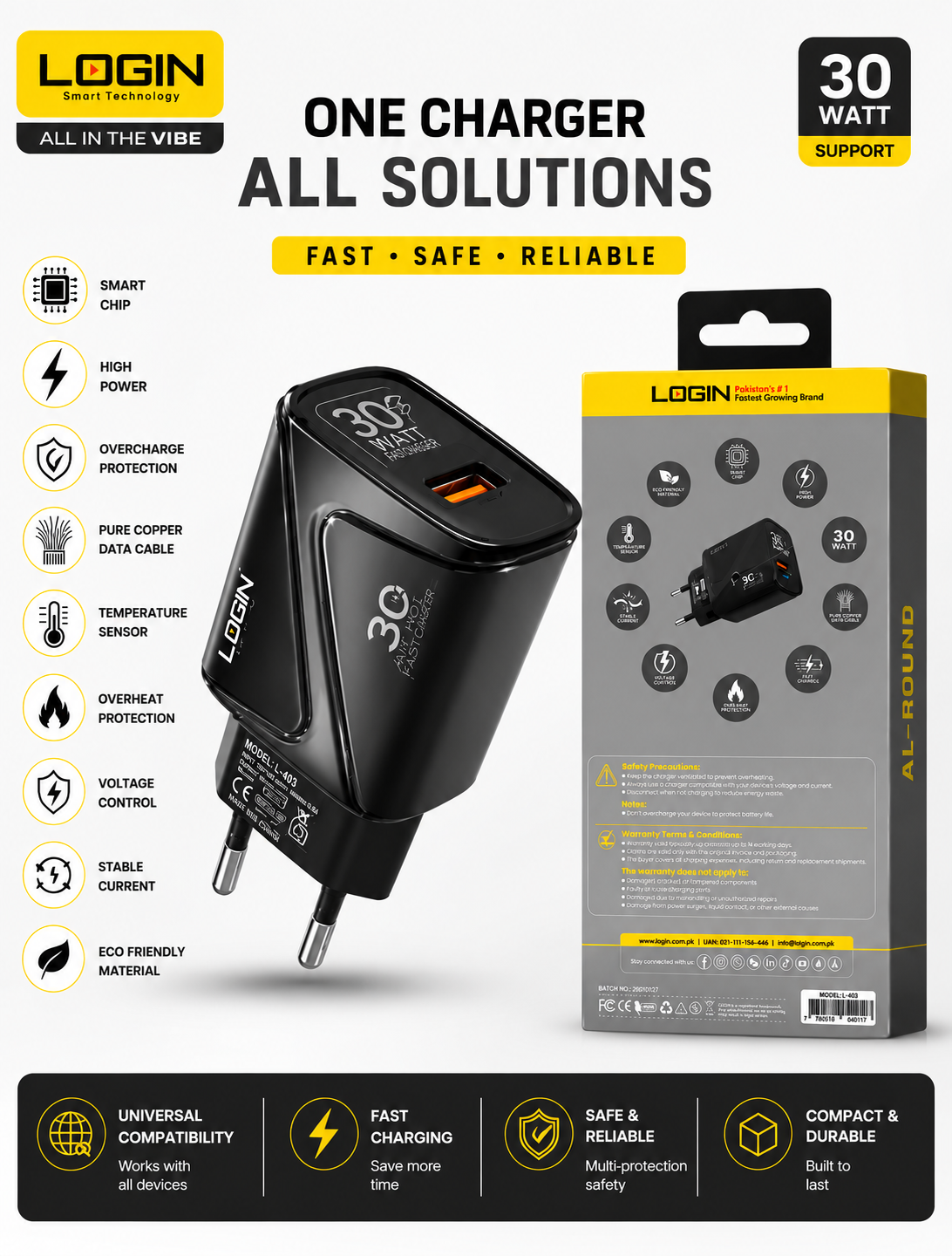 LOGIN AL-ROUND 30W Fast Charger – Smart Chip Fast Charging Adapter