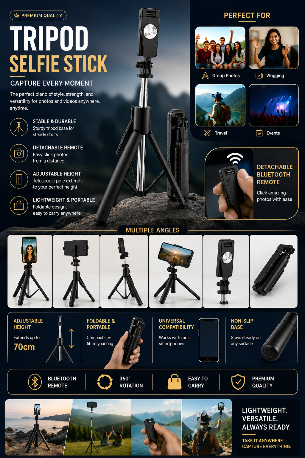Tripod Selfie Stick with Detachable Remote