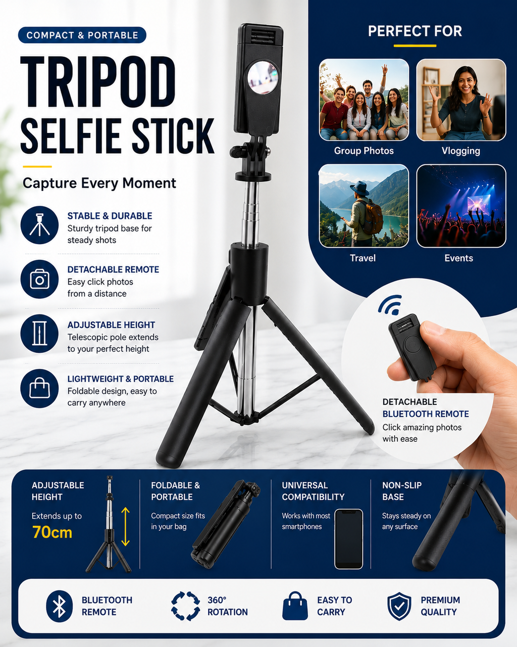 Tripod Selfie Stick with Detachable Remote