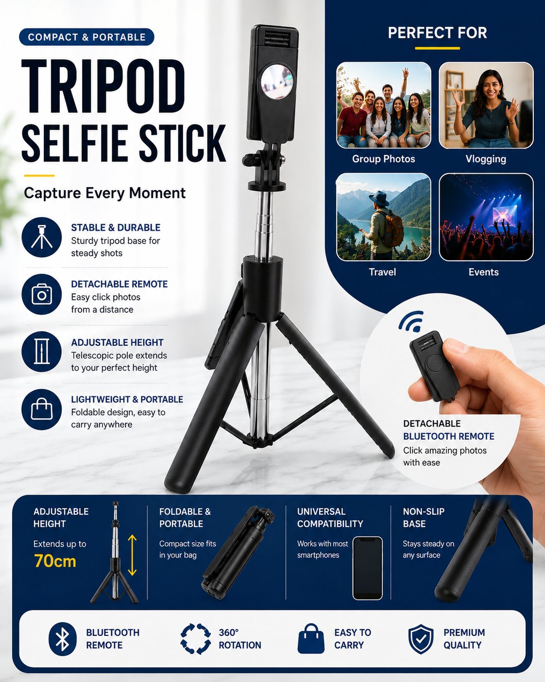 Tripod Selfie Stick with Detachable Remote