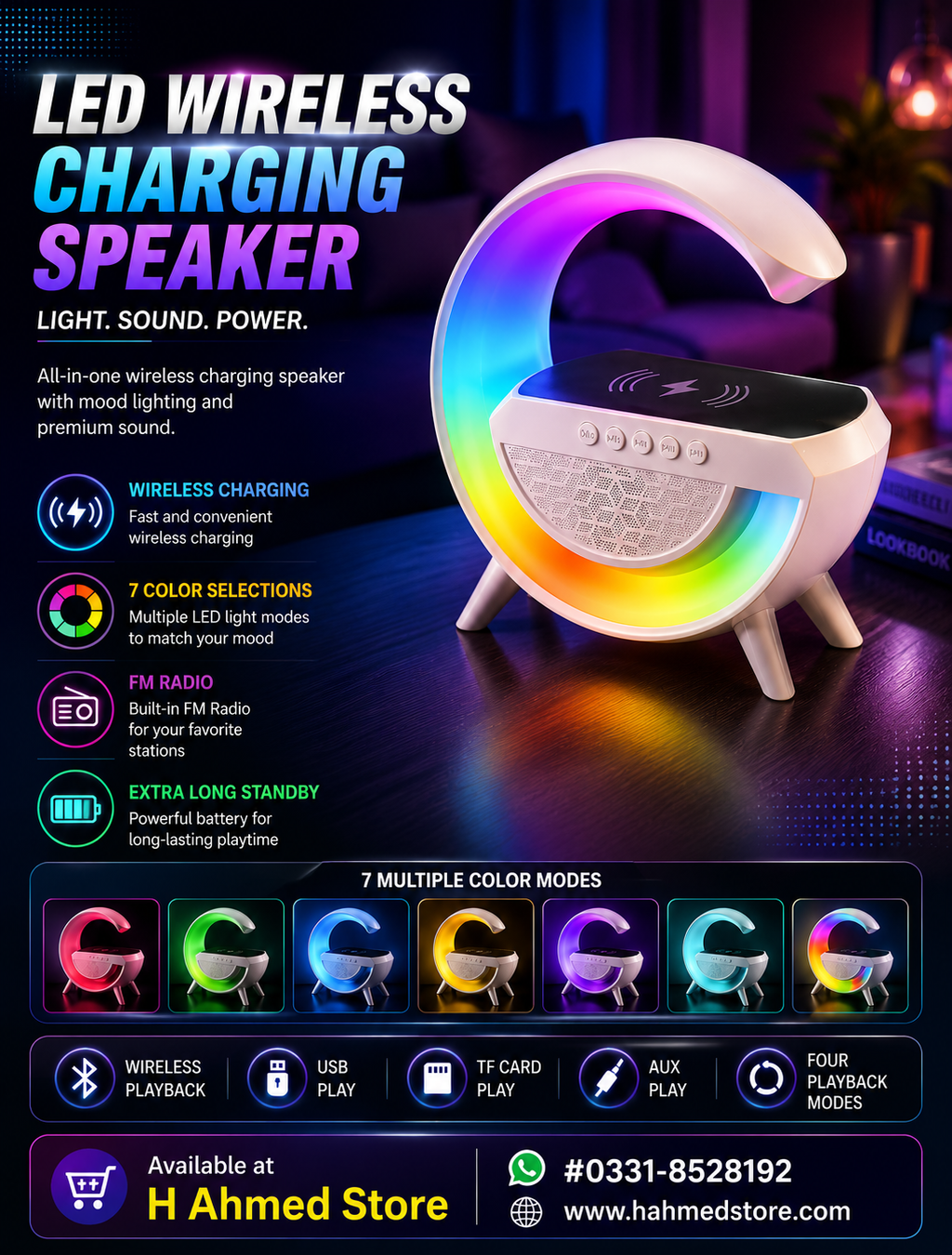 Bluetooth Speaker with Wireless Charger & Night Lamp