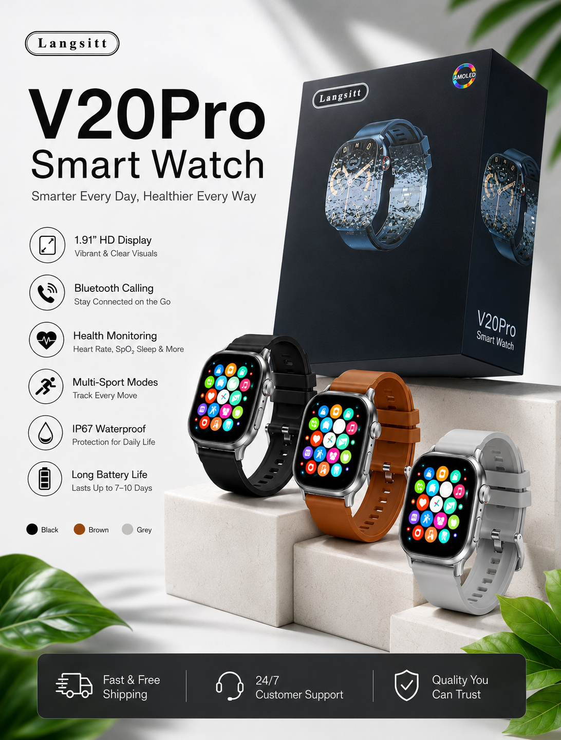 V20Pro Smart Watch 1.91" HD Display Bluetooth Calling Health Monitoring IP67 Waterproof