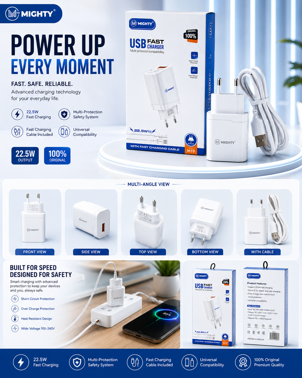 MIGHTY 22.5W USB Fast Charger with USB Cable – Model M19