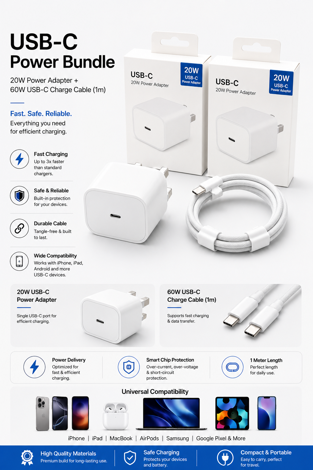 20W USB-C Fast Charger Adapter with 60W USB-C to USB-C Cable (1m) – UK Plug