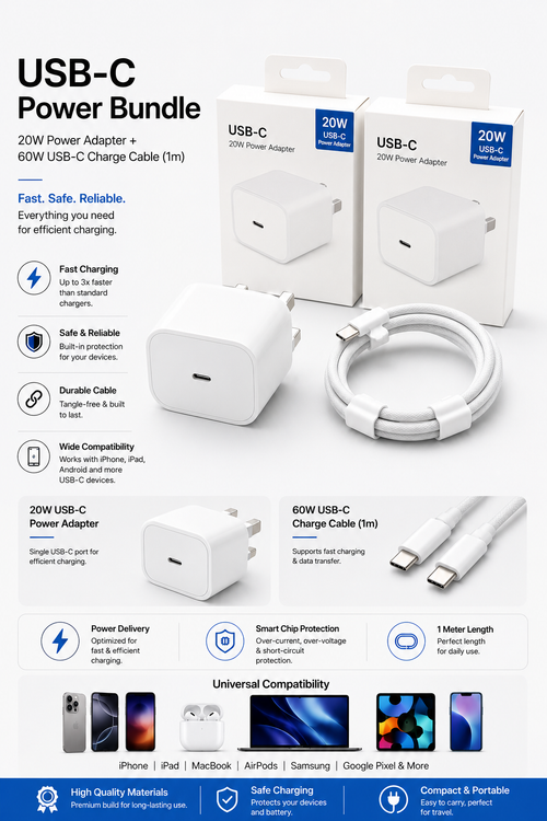 20W USB-C Fast Charger Adapter with 60W USB-C to USB-C Cable (1m) – UK Plug
