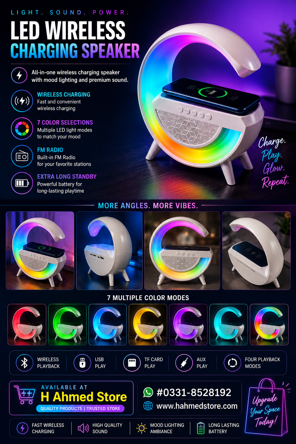 Bluetooth Speaker with Wireless Charger & Night Lamp